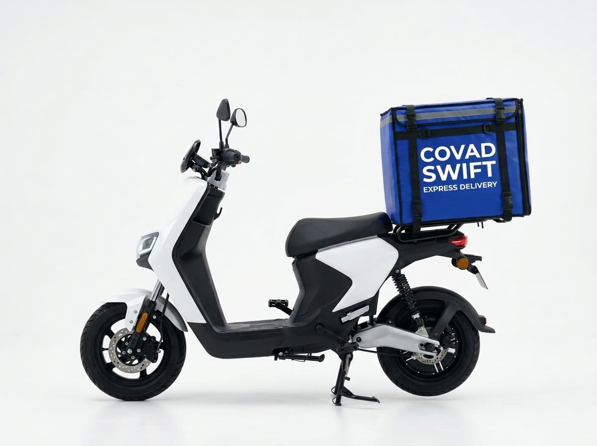 Modern electric courier delivery bike with green cargo box
