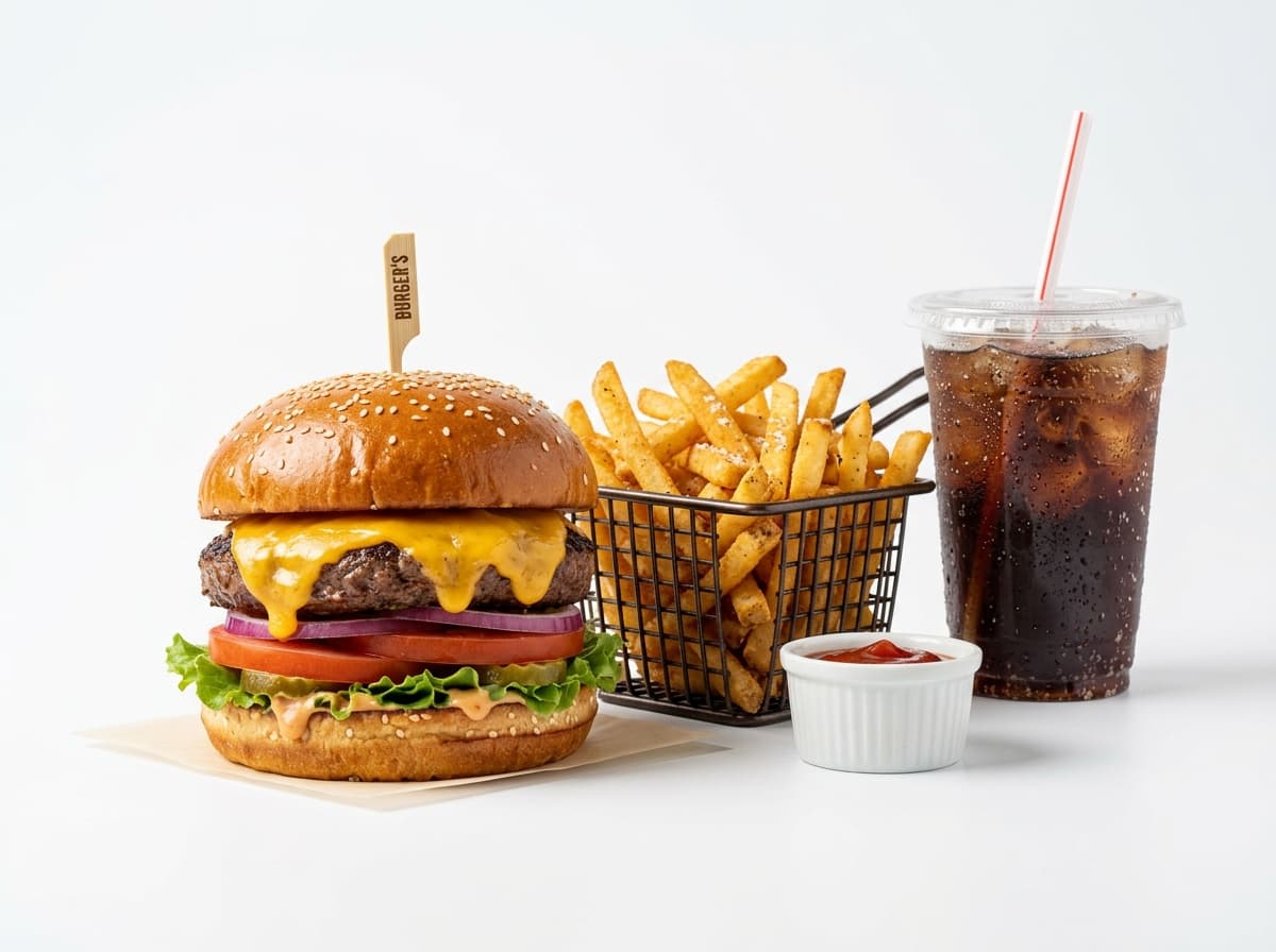 Crispy cheeseburger meal with golden fries and cold drink