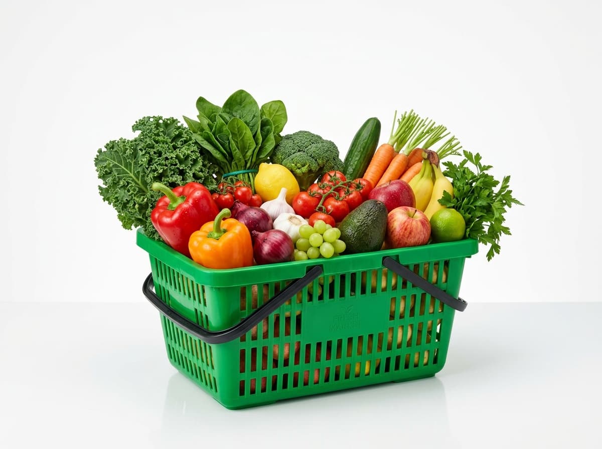 Green basket overflowing with fresh fruits and vegetables